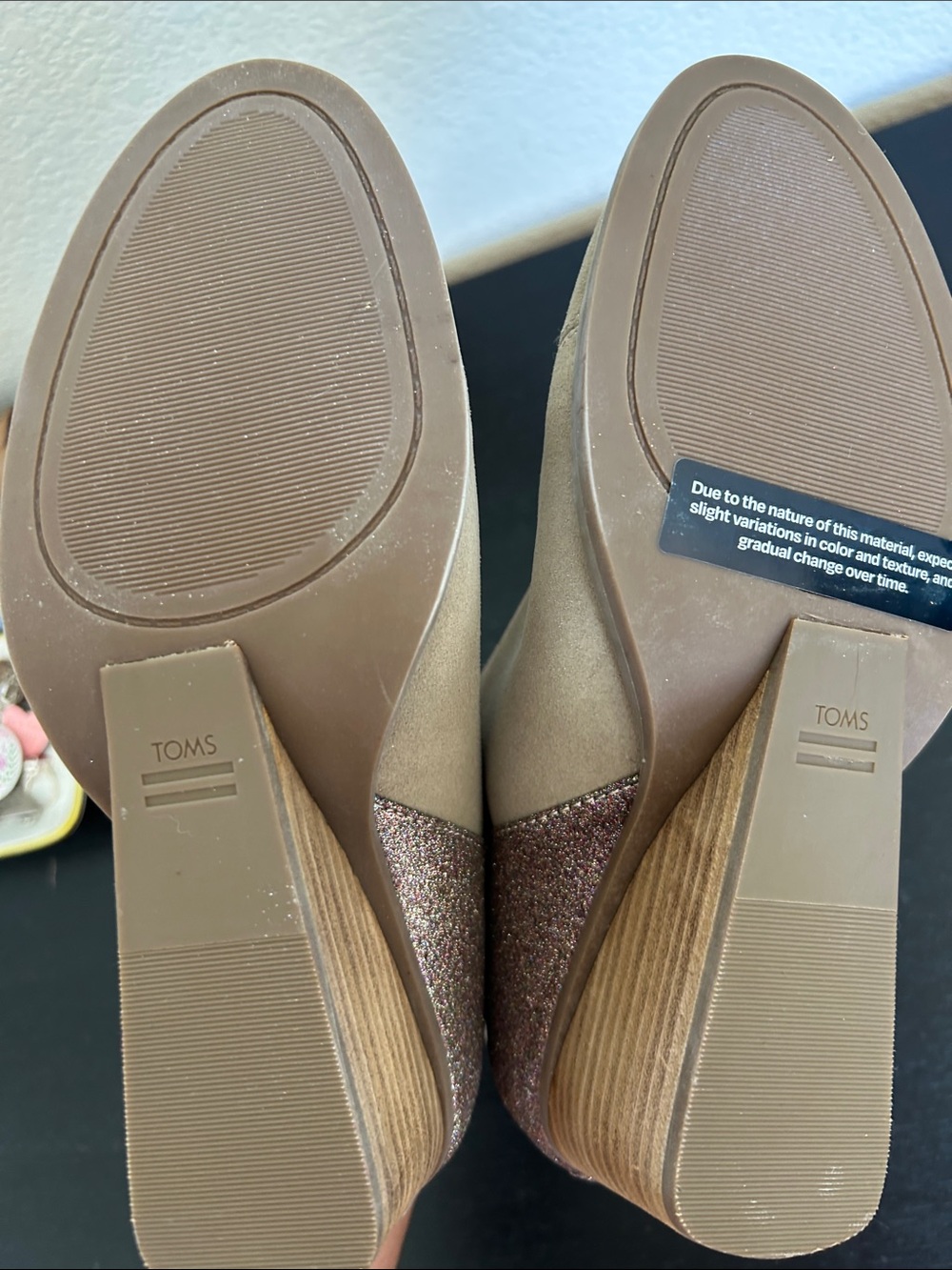 Toms Taupe Suede Ankle Booties with Multicolor Glitter Heel - Picture 6 of 6